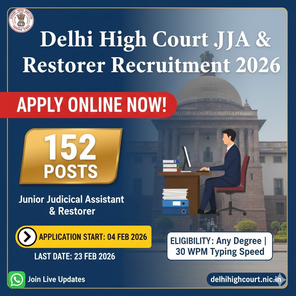 Apply Now Delhi High Court Junior Judicial Assistant JJA Restorer Recruitment 2026 – 152 Posts Online Application Open