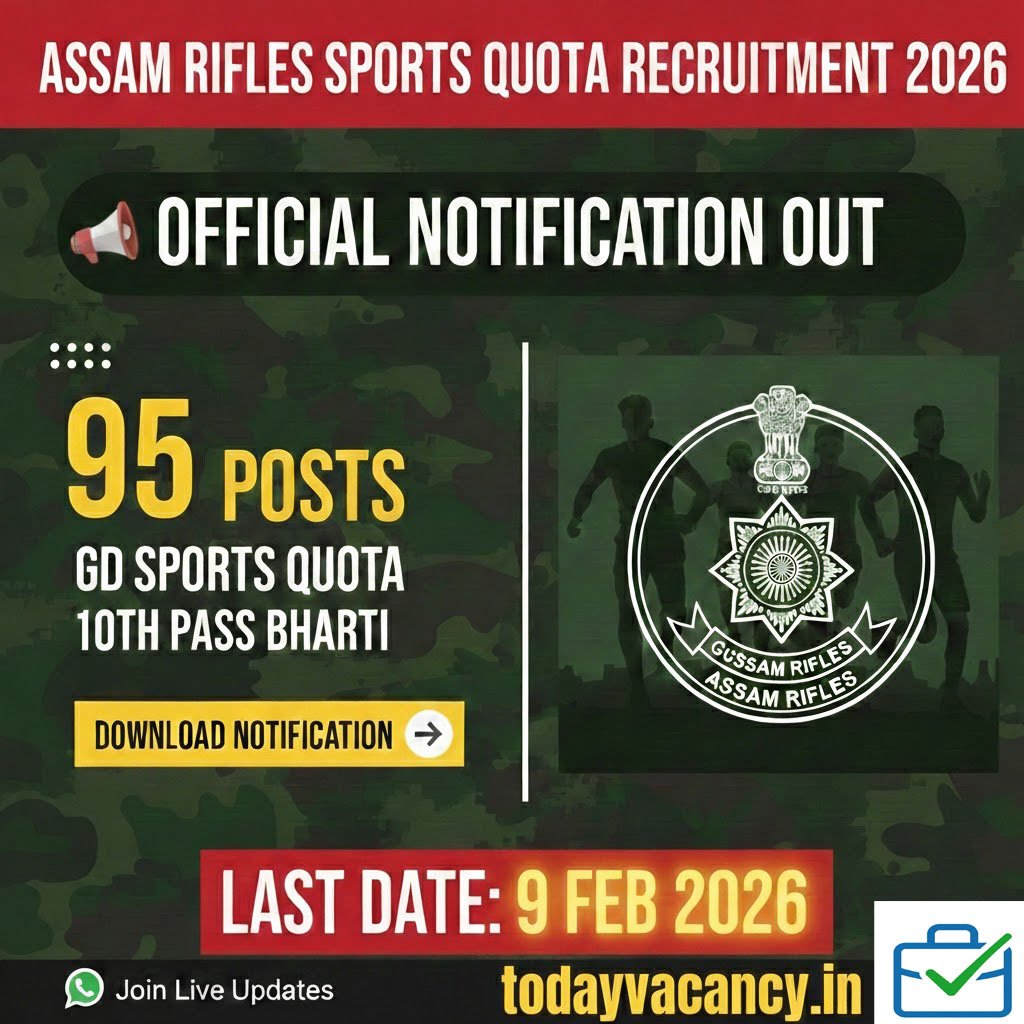 Assam Rifles Sports Quota Recruitment 2026 असम राइफल्स जीडी स्पोर्ट्स कोटा में 95 पदों पर 10वीं पास भर्ती का नोटिफिकेशन जारी