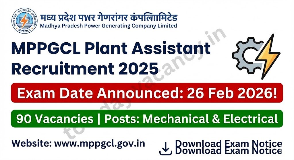 MPPGCL Plant Assistant 2025 Recruitment Exam Date Set for 26 Feb 2026 – Apply Now