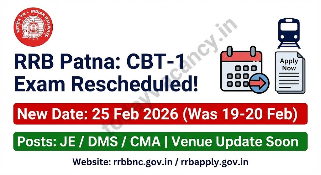 RRB Patna Reschedules CBT‑1 Feb 19‑20 2026 to Feb 25 2026 – Apply Now for JEDMSCMA Posts
