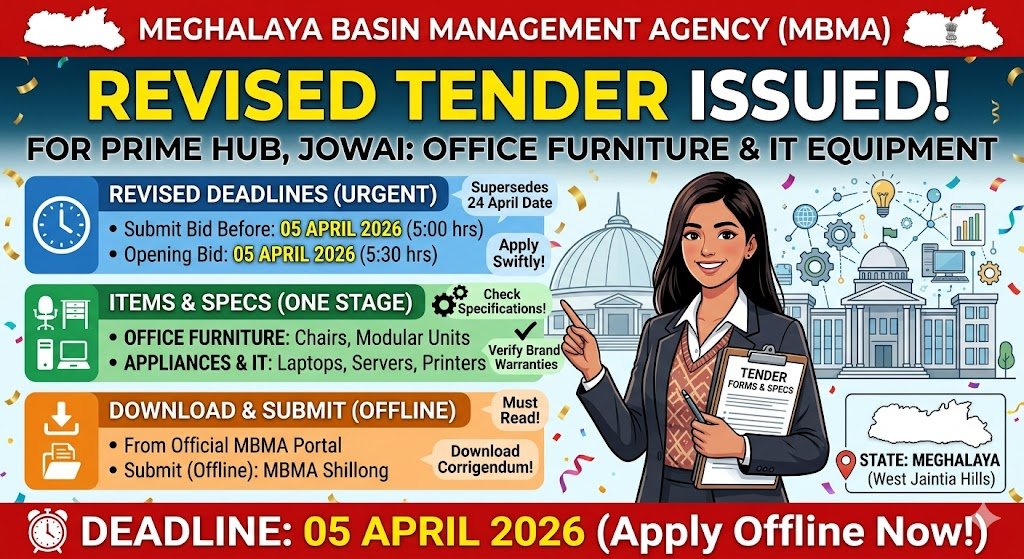 Meghalaya Basin Management Agency MBMA Issues Revised Tender for Office Furniture IT Equipment at PRIME Hub Jowai – Apply Before 5 April 2026