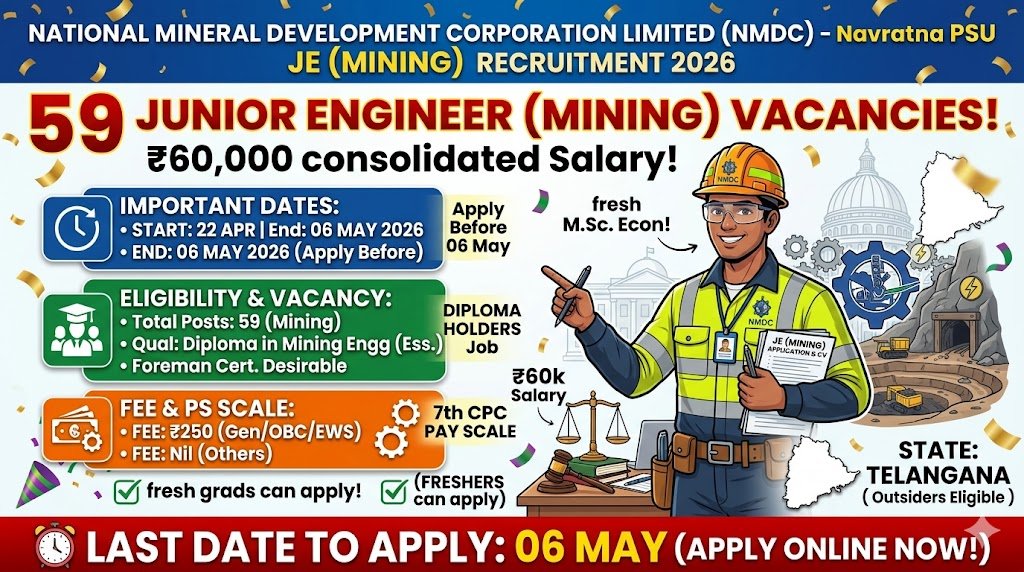 NMDC Recruitment 2026 59 Junior Engineer Mining Posts – Apply Before 06 May 2026