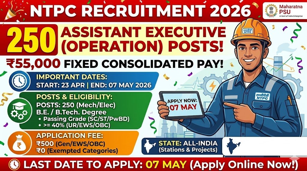 NTPC Assistant Executive 2026 250 Posts ₹55000 Salary – Apply by 7 May