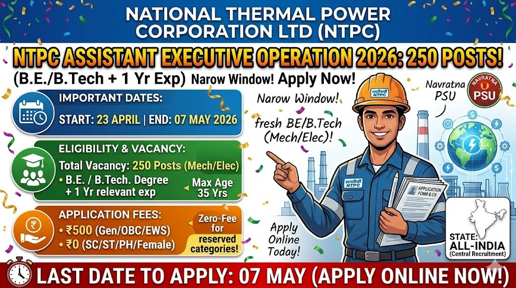 NTPC Assistant Executive Operation 2026 Apply Online for 250 Posts Before May 7