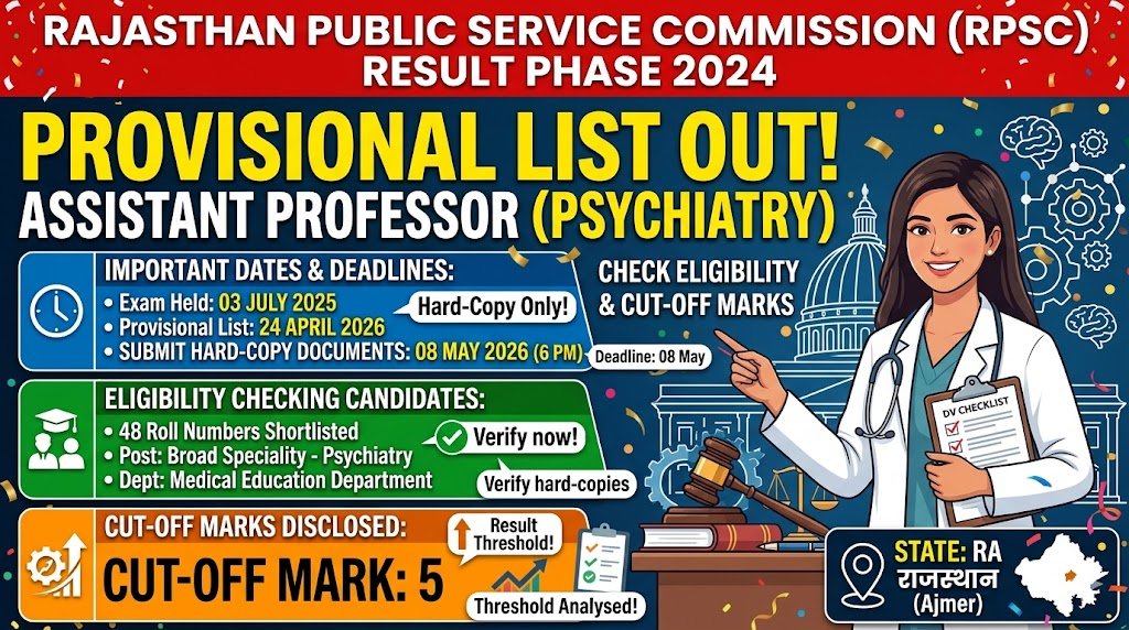 RPSC Result 2024 Provisional List Cut‑Off Marks for Assistant Professor Psychiatry – Check Eligibility Now