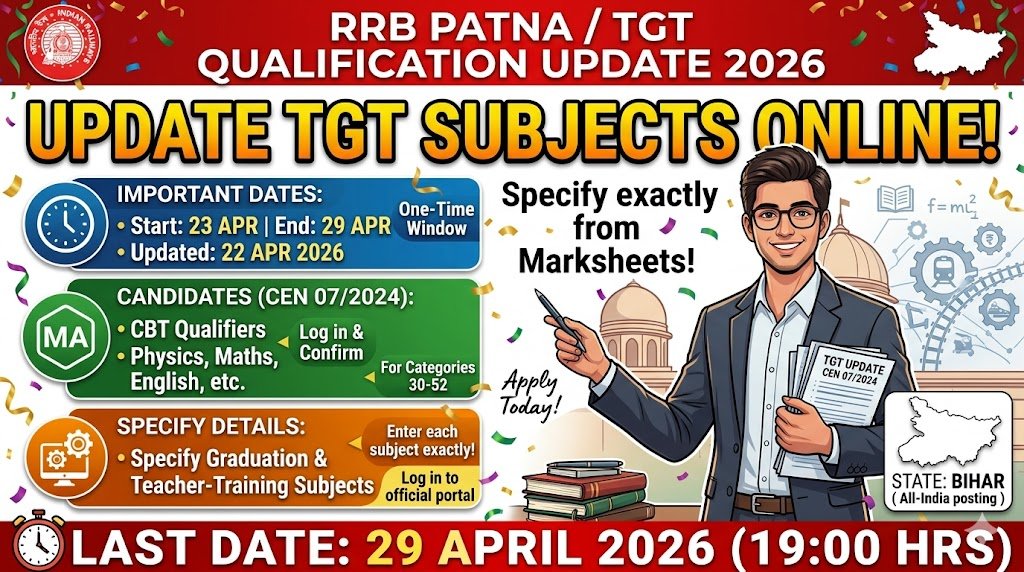 RRB Patna Qualification Update 2026 – Update Your TGT Subjects Online Before 29 April